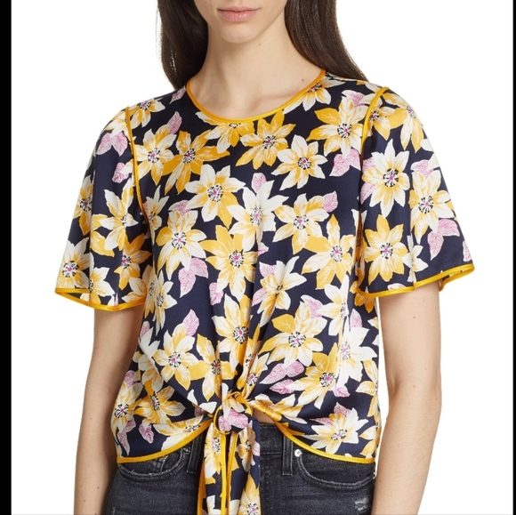 Cinq A Sept Kristi Floral Silk Tie Crop Short Sleeve Floral Blouse Small - Picture 1 of 8
